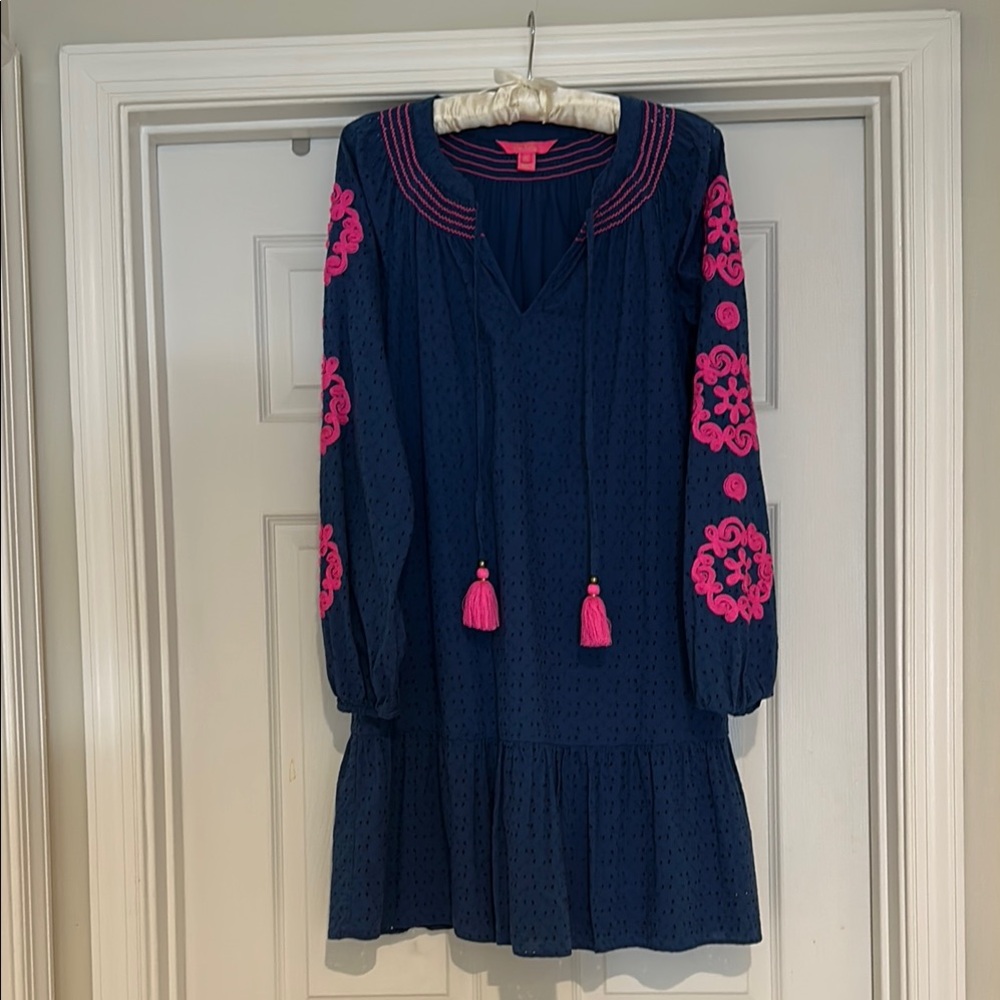 Lilly Pulitzer Blue and Pink Ruffled Tiered Sundress
